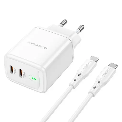 Адаптер сетевой BOROFONE Type-C to Type-C cable Reacher dual port set BN9 35вт белый - фото 2