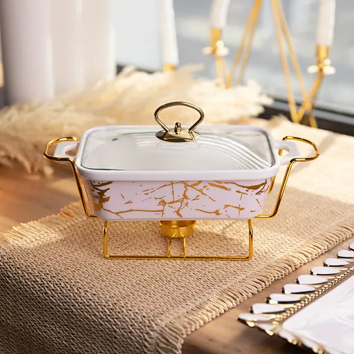 Мармітниця порцелянова Yiwu прямокутна на металевій підставці 31х16х11 см марміт настільний для перших страв LT-3PCS-11 - фото 2