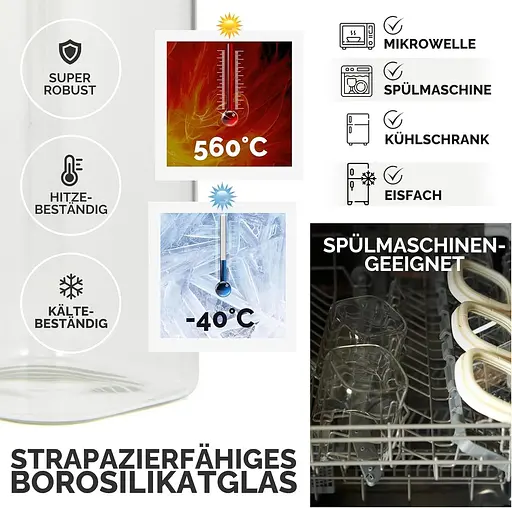 Банки для хранения с крышками Набор из 4 из крепкого боросиликатного стекла + этикетки (4 x 1500 мл) — герметичные и штабелированные - фото 3