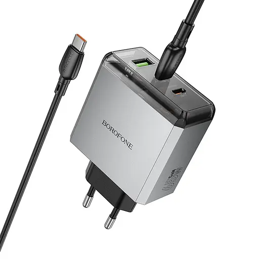 Сетевое зарядное устройство с кабелем Borofone BN22 Lena PD65W (2C1A) charger set (C to C(EU) серый) - фото 3