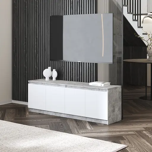 Тумба під телевізор Vays у вітальню, сучасна з полицями, без ручок R-31 Бетон-Білий фасад