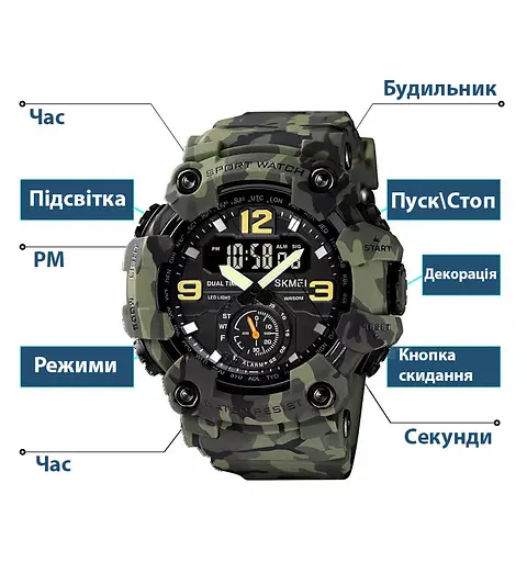 Наручний годинник чоловічий Skmei 1637 Army Green Camo, 1637CMGN (18441) - фото 7