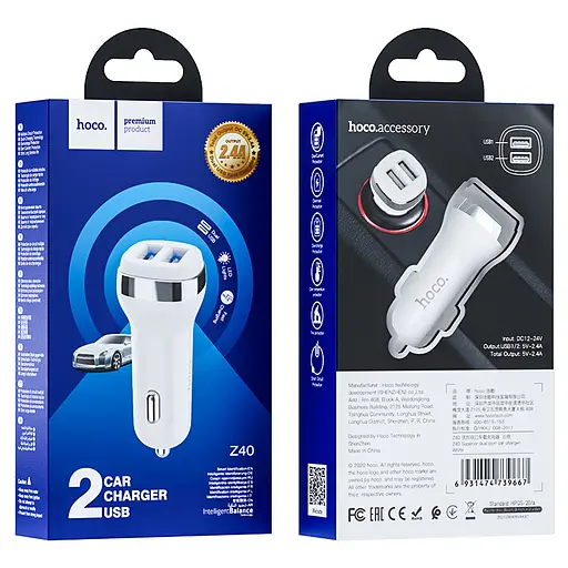 Адаптер автомобильный HOCO Superior dual port car charger Z40 зарядный 2 порта белое - фото 2