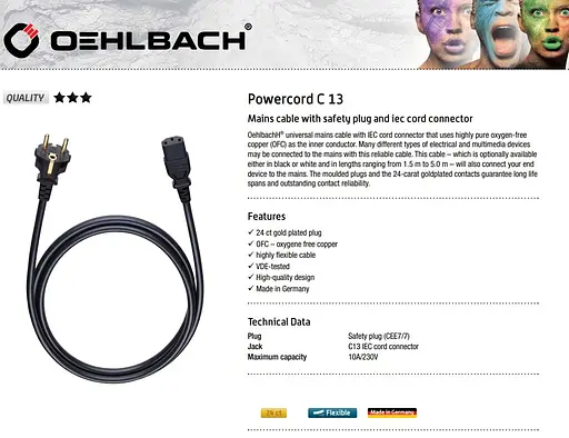 Кабель питания OEHLBACH Powercord C13 CEE7/7 Black 5m - фото 3
