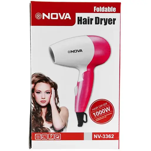 Фен для сушки волос Nova NV-3362 дорожный складная ручка 1000 Вт белый/розовый - фото 3
