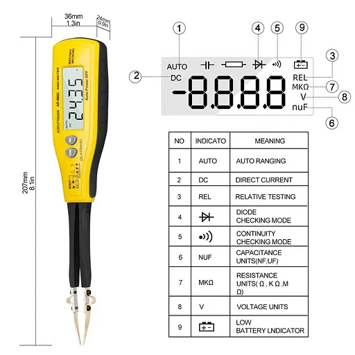 Цифровой измеритель SMD AP-990C, умный тестер SMD, ручной измеритель сопротивления диодов, умный пинцет, цифровой мультиметр, сопротивление 2 к - фото 3