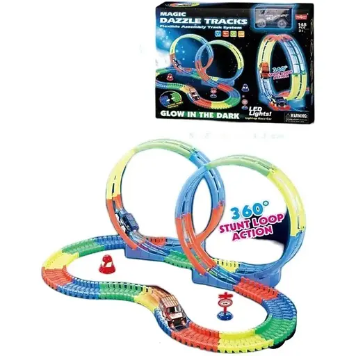 Трек 123 неоновый 148 деталей машинка на батарейках с подсветкой в ​​коробке