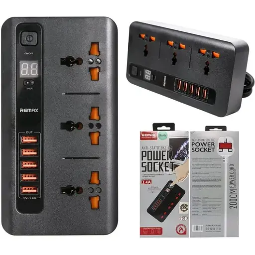 Мережевий фільтр подовжувач Remax BKL-04 3 розетки + 5*USB - фото 1