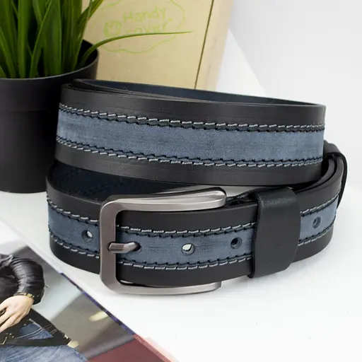 Ремень мужской кожаный SF-405 (125 см) под джинсы синий - фото 1