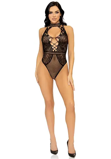 Leg Avenue Net and lace halter bodysuit OS Black One size - фото 6