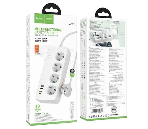 Сетевой удлинитель Hoco AC22 Sunlight PD30W 4 розетки 1.5m Белый - фото 4