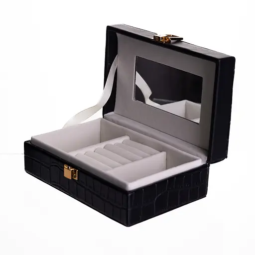 Шкатулка для украшений из экокожи 3 отделения с зеркалом 16×10×6 см Органайзер для украшений Черный Yiwu HP-5-18B - фото 1