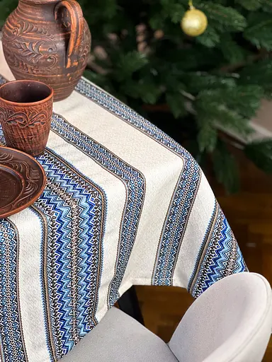 Лляна скатертина різдвяна з українським орнаментом "Рандеву синій" - 220х150 см - фото 10