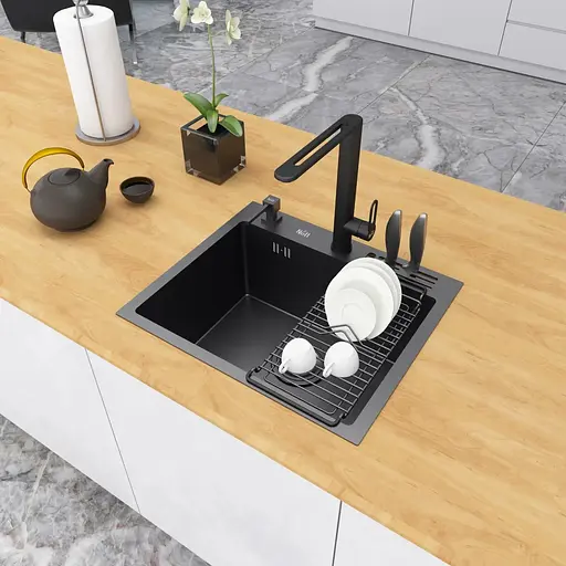 Кухонная мойка черная 45 см накладная 1.5 мм из нержавеющей стали Nett NВ-5245, Черный - фото 5