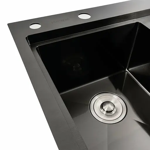 Кухонная мойка черная PVD 58x48 L Platinum Handmade (два отверстия, круглый сифон 3,0/0,8), Черный - фото 4