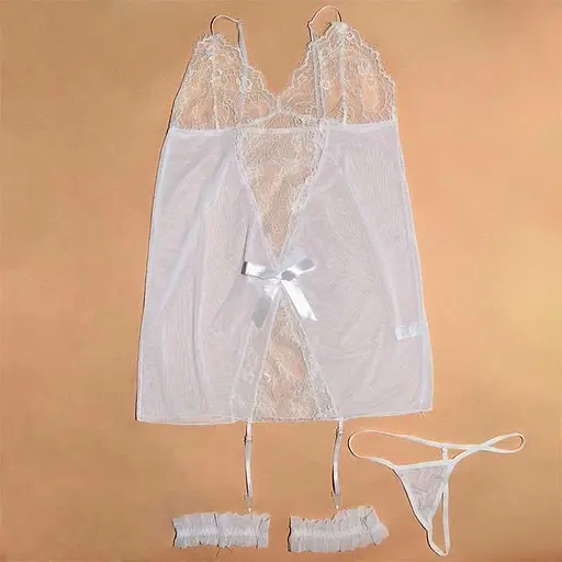 Короткий пеньюар з підв'язками для панчіх білий XS-S – Еротична білизна - фото 4