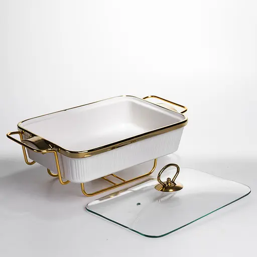 Мармитница фарфоровая Yiwu на металлической подставке 2л с подогревом белый 40х22.5х15.5 см ML850-15 - фото 4