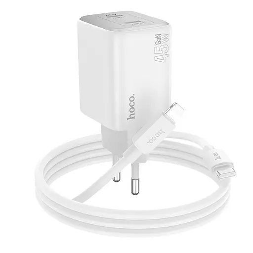 Мережевий зарядний пристрій Hoco N42 2 Type-C PD 45W білий + кабель Type-C to Lightning - фото 3