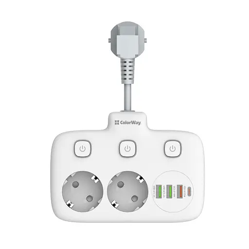 Мережевий фільтр СolorWay 2 розетки / 3USB / 1xTYPE-C White (CW-CHE24PDW)