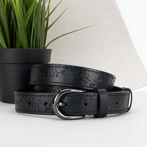 Ремень женский кожаный с цветами SF-255 черный (125 см) - фото 1
