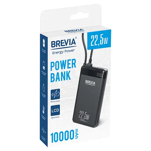 Повербанк (Power Bank) Brevia ePower 10000mAh 22,5W SuperSlim LCD чорний металік + кабель(45550SMB) - фото 6