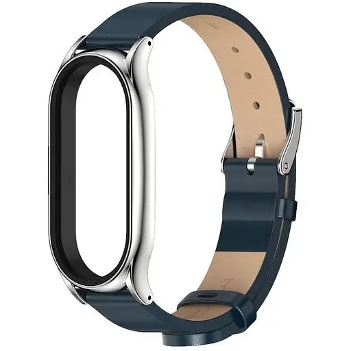 Кожаный ремешок MiJobs для фитнес-браслета Xiaomi Mi Band 5 и 6 Type C темно-синий, держатель - серебристый