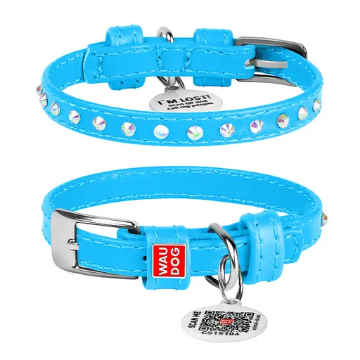 Ошейник для собак кожаный Waudog Glamour с QR-паспортом с клеевыми стразами Ш 9 мм Д 18-21 см голубой