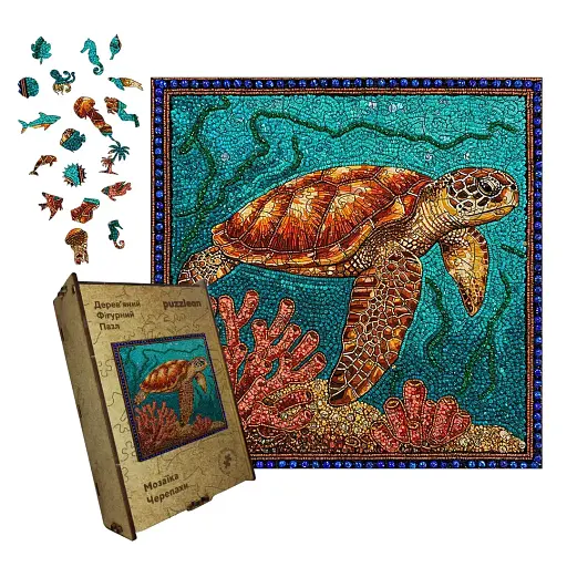 Деревянный пазл Мозаика Черепахи, А2, Деревянная коробка 300+ элементов