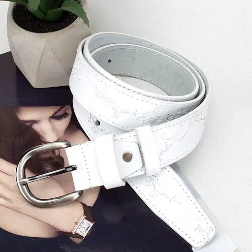 Ремінь шкіряний жіночий батал SF-3531 (145 см) білий з квітами - фото 4