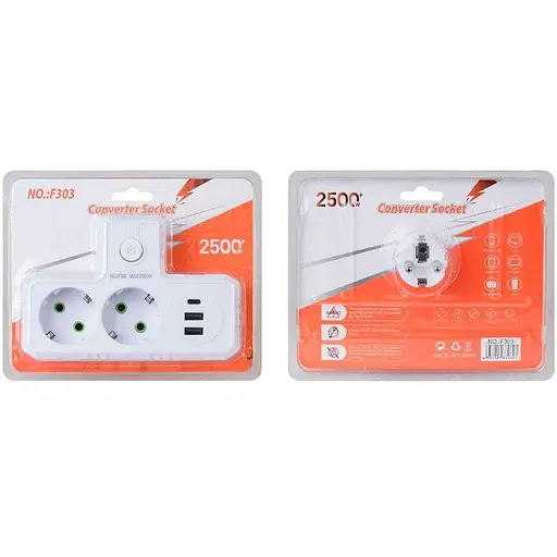 Розетка-двійник із заземленням Voltronic F-303 White 2 розетки+3USB(1А)+Type-C 2500W 10A 220V - фото 4