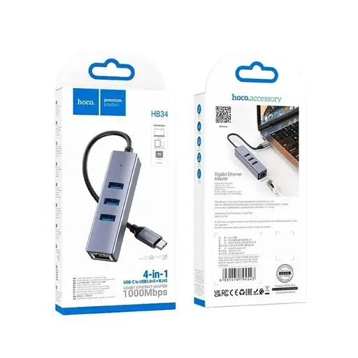 Перехідник Hoco Hub HB34 Type-C to USB 3.0 x 3 + RJ45 - фото 2