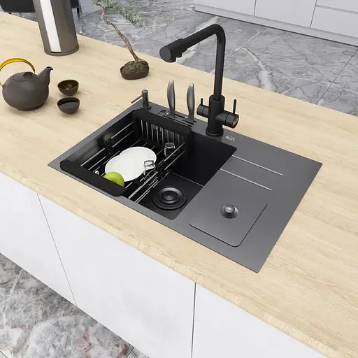 Чорна кухонна мийка Nett NBM-7047 з нержавійки з вбудованим смітником - фото 3