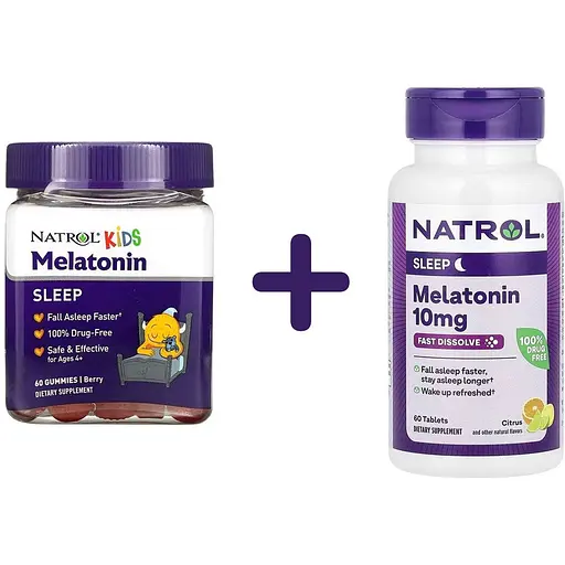 Набор: мелатонин для детей Natrol от 4 лет со вкусом ягод 1 мг 60 конфет (NTL07692) + мелатонин Natrol с цитрусовым вкусом 10 мг 60 таблеток для рассасывания