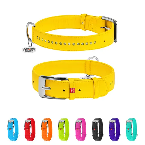 Ошейник для собак кожаный Waudog Glamour с QR-паспортом двойной со стразами Ш 35 мм Д 46-60 см желтый - фото 2
