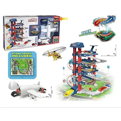 Гараж 660 А-303, 5 поверхів, 2 машинки (1 змінює колір), літак, автоматичний підйомник, світло, звук, аксесуари, в коробці - фото 3