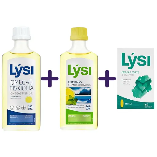 Набір Омега-3 Lysi:  Forte капсули 1000 мг №64 + жирні кислоти EPA/DHA у рідині зі смаком лимона 240 мл +  риб'ячий жир з печінки тріски з вітамінами A, D, E зі смаком лимона та м'яти 240 мл