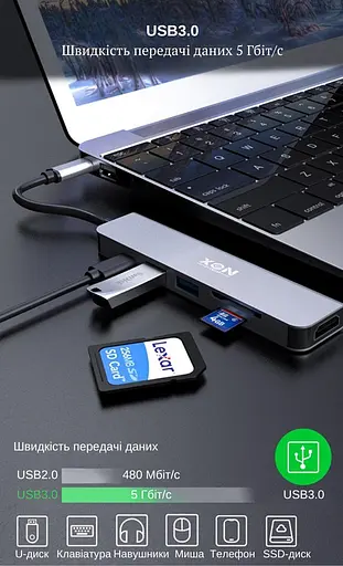 USB-хаб XON SmartHub 6 в 1 (HDMI, SD/TF, Type-C, 2xUSB3.0) Сірий (UHCHP063300G 5153) - фото 4
