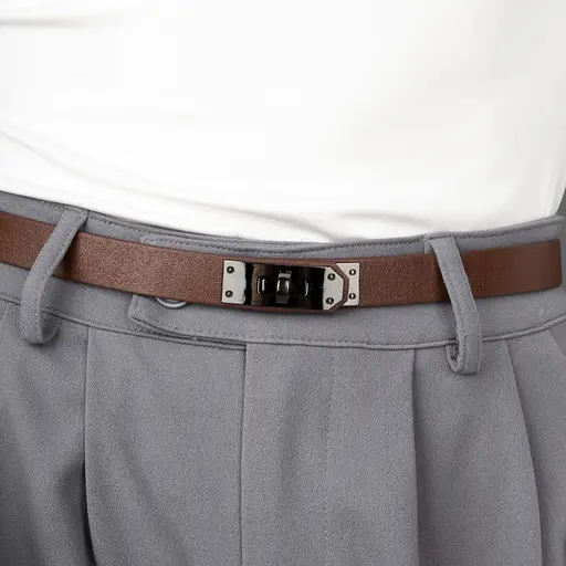 Ремень женский узкий коричневый кожаный JK-2031 с темной пряжкой (110 см) - фото 6