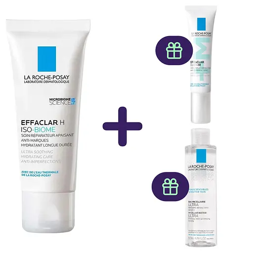 Набір La Roche-Posay: заспокійливий відновлювальний зволожувальний крем Effaclar H Iso-Biome 40 мл + міцелярний розчин для чутливої шкіри 50 мл + коригувальний засіб комплексної дії Effaclar Duo+M 15 мл - фото 1