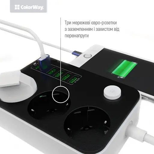 Мережевий фільтр-подовжувач СolorWay 3 розетки/6USB (CW-CHE36B) - фото 2