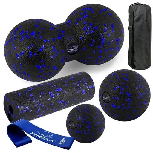 Набір для масажу та йоги PowerPlay PP_4093 EPP (3 м'ячики + валик масажер 15*5,3 см) Blue + гумка 7,5 кг (PP_4093_Blue) - фото 1
