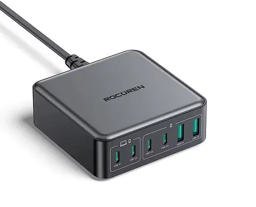 Зарядний пристрій адаптер живлення Rocoren 200 W GaN 0242 2U+4C чорна вилка США (US plug) - фото 1