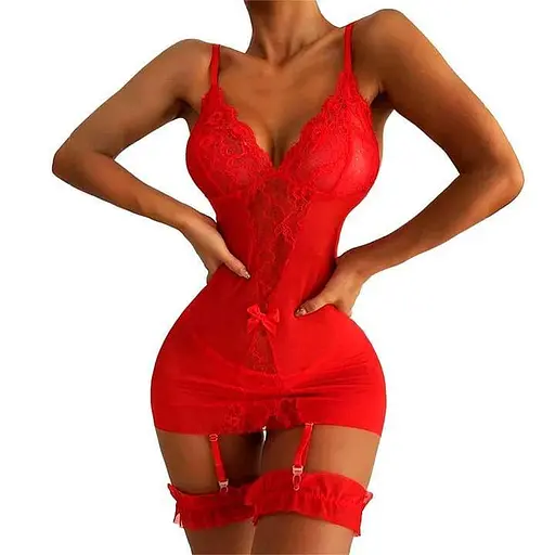 Короткий пеньюар з підв'язками для панчіх червоний XS-S – Еротична білизна - фото 8