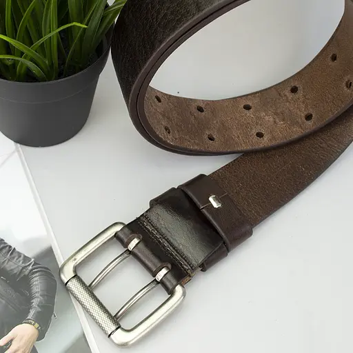 Ремень мужской кожаный JK-4561 широкий коричневый двухшпеньковый (120 см) - фото 4