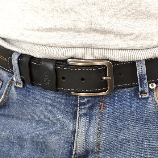 Ремень мужской кожаный черный SF-4001 (125 см) винтажный со строчкой - фото 8