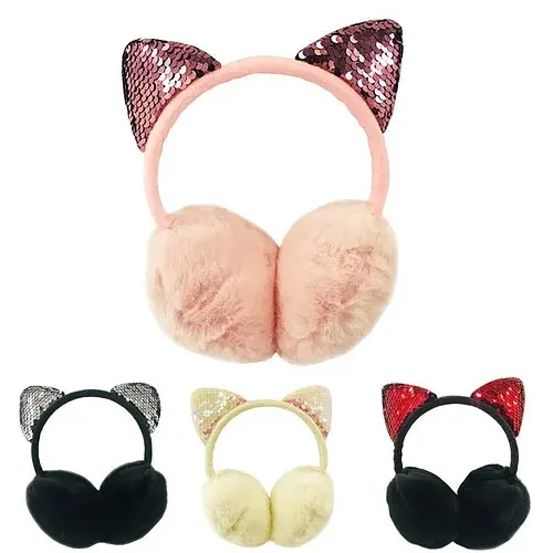 Хутряні навушники AC8401 з вушками в паєтках, в пакеті (6910568000005) МІКС - фото 1