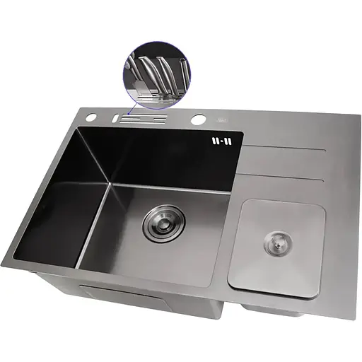 Чорна кухонна мийка Nett NBM-7047 з нержавійки з вбудованим смітником - фото 2