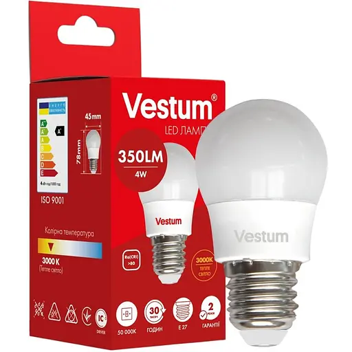 Світлодіодна лампа Vestum G45 4W 3000K 220V E27 1-VS-1206