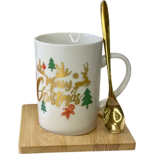 Кружка новогодняя Olens 8030-290-3 Белое Рождество керамическая на подставке с ложкой 160мл - фото 1