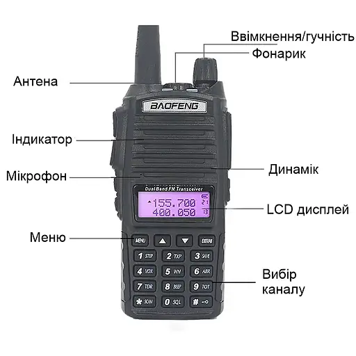 Рація Baofeng UV-82 8W посилена PRO серія VHF/UHF, ліхтар, 2xPTT кнопка, гарнітура, дальність 10км (100832) - фото 5
